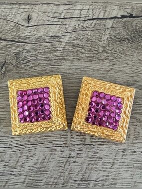 Vintage RICHARD KERR Goldtone Pave Pink Rhinestone SQUARE Clip On Earrings